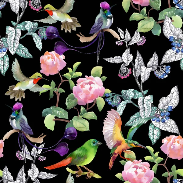 Pattern with colorful flowers and birds — Stock Photo, Image