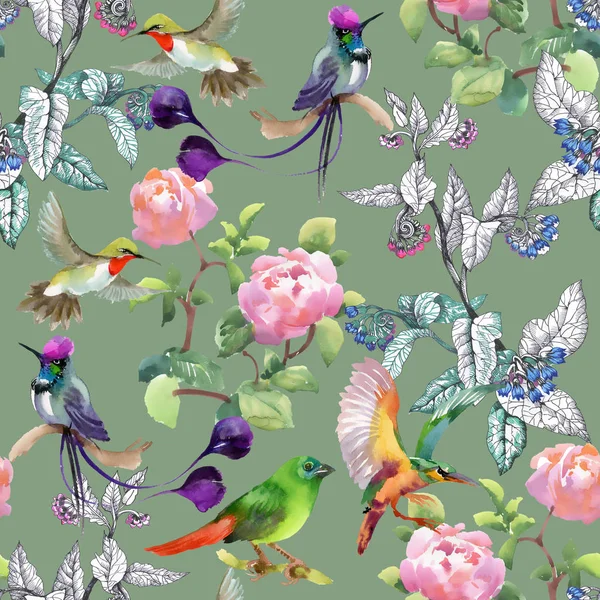 Pattern with colorful flowers and birds — Stock Photo, Image