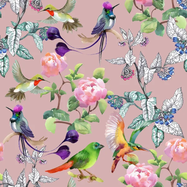 Mönster med färgglada blommor och fåglar — Stockfoto