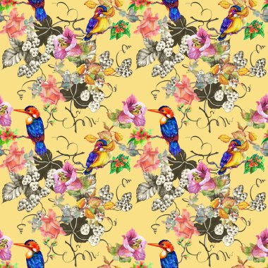 çiçekler ve kuşlar ile renkli desen