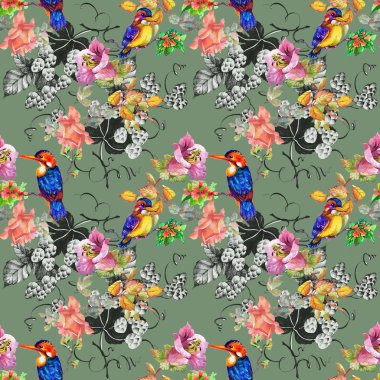 çiçekler ve kuşlar ile renkli desen