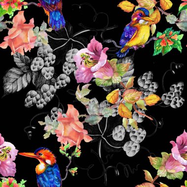 çiçekler ve kuşlar ile renkli desen