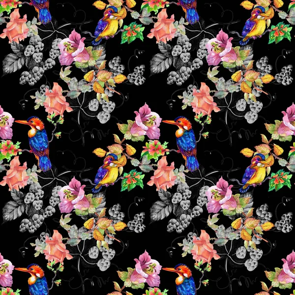 Colorful pattern with flowers and birds — Stock Photo, Image