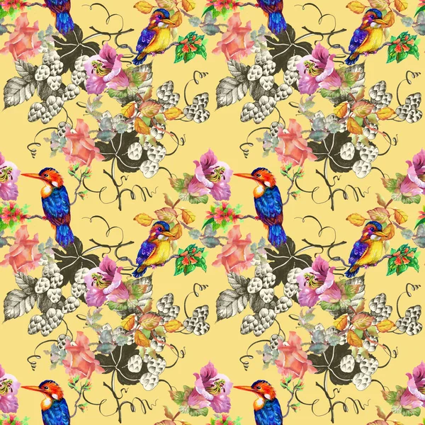 Барвистий візерунок з квітами і птахами — стокове фото