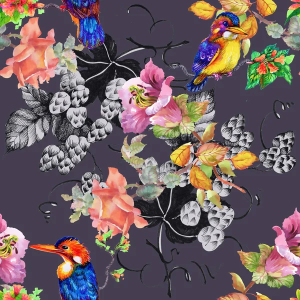 Барвистий візерунок з квітами і птахами — стокове фото