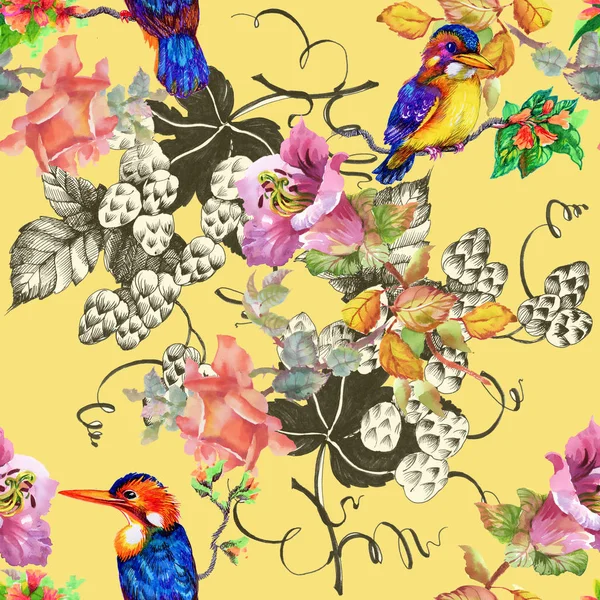 Colorful pattern with flowers and birds — Stock Photo, Image