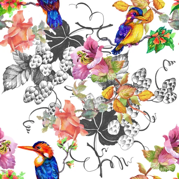 Modello colorato con fiori e uccelli — Foto Stock