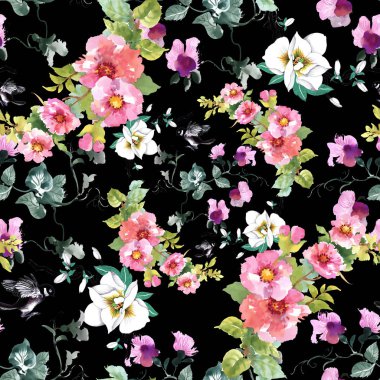 çiçekler ve kuşlar ile renkli desen