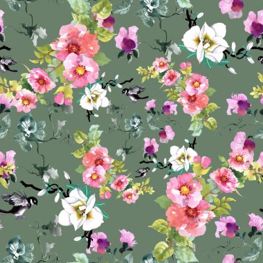 çiçekler ve kuşlar ile renkli desen