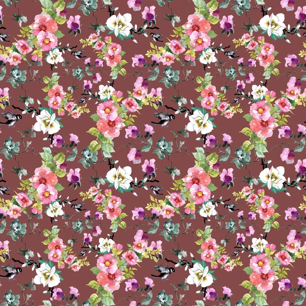 Buntes Muster mit Blumen und Vögeln — Stockfoto