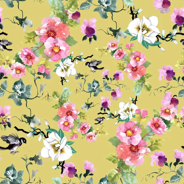 Çiçekler ve kuşlar ile renkli desen — Stok fotoğraf