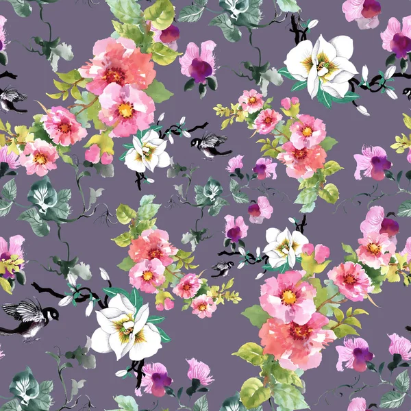 Buntes Muster mit Blumen und Vögeln — Stockfoto
