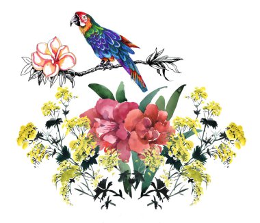 güzel çiçek ve kuş ile renkli desen