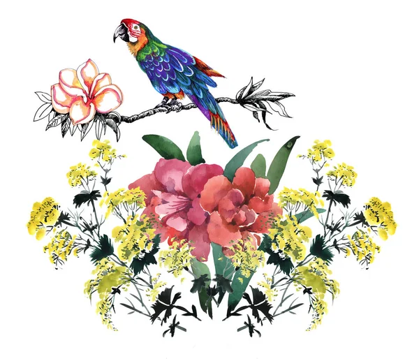 Красочный узор с красивыми цветами и птицей — стоковое фото