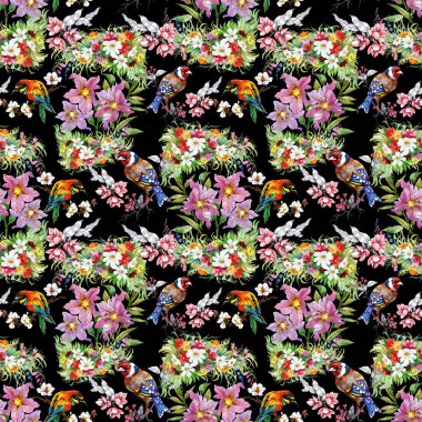 çiçekler ve kuşlar ile desen 