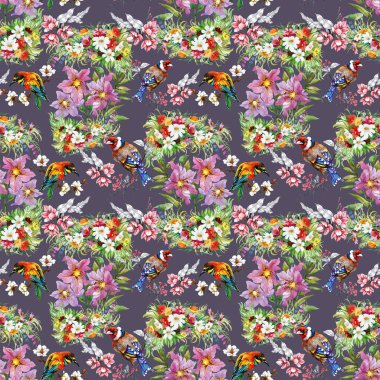 çiçekler ve kuşlar ile desen 