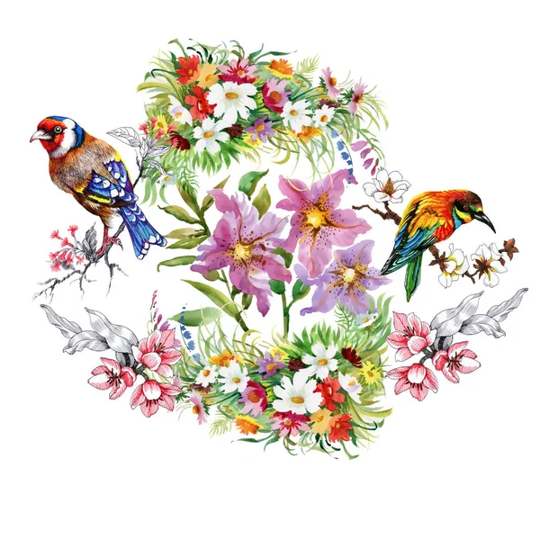 Motif avec des fleurs et des oiseaux — Photo