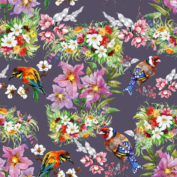 Çiçekler ve kuşlar ile desen — Stok fotoğraf