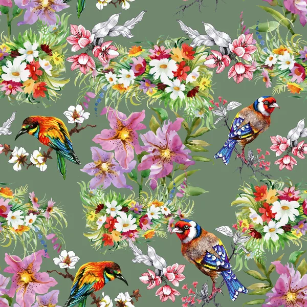 Muster mit Blumen und Vögeln — Stockfoto