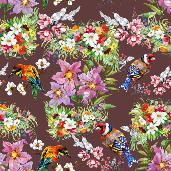 花と鳥のパターン — ストック写真