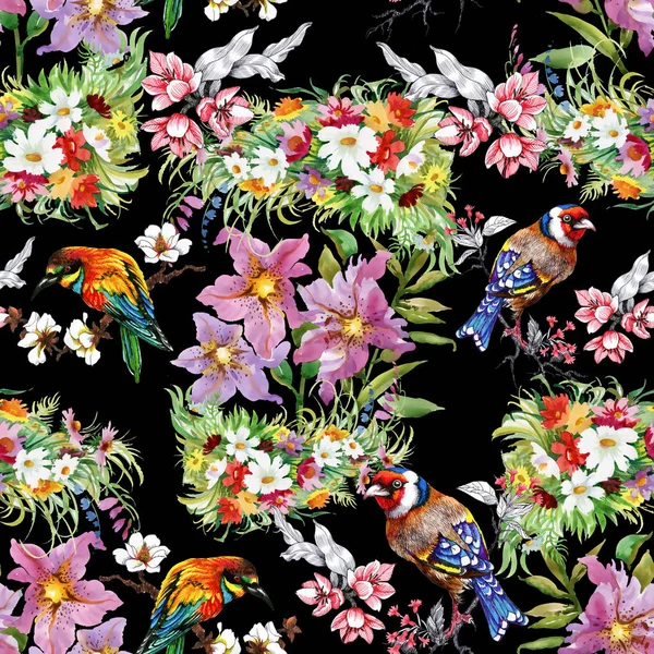 Motif avec des fleurs et des oiseaux — Photo