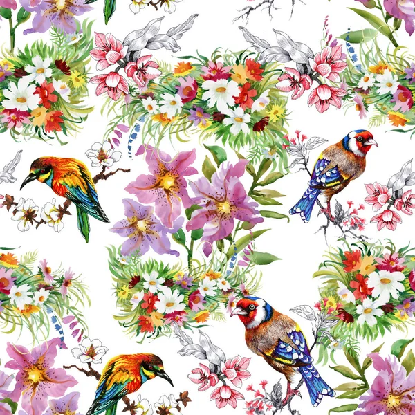 Wzór kwiaty i ptaki — Zdjęcie stockowe
