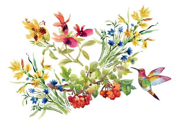 Рука намальовані квіти і птах — стокове фото