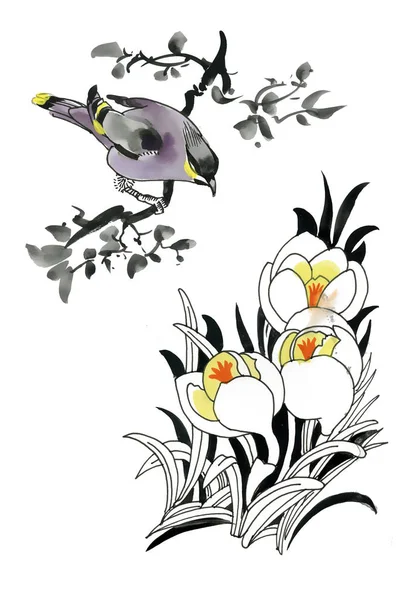 Акварельні квіти і птах — стокове фото
