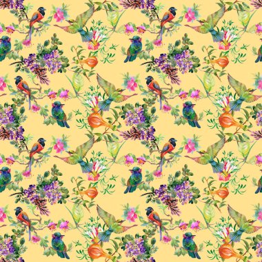 Güzel çiçekler ve kuşlar ile desen