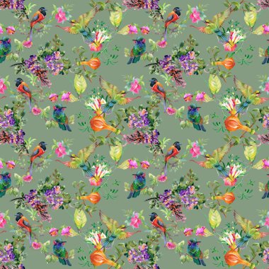 Güzel çiçekler ve kuşlar ile desen