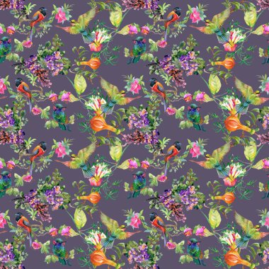 Güzel çiçekler ve kuşlar ile desen