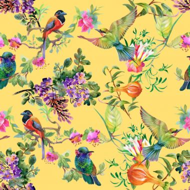 Güzel çiçekler ve kuşlar ile desen