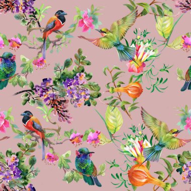 Güzel çiçekler ve kuşlar ile desen