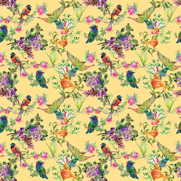 Muster mit schönen Blumen und Vögeln — Stockfoto
