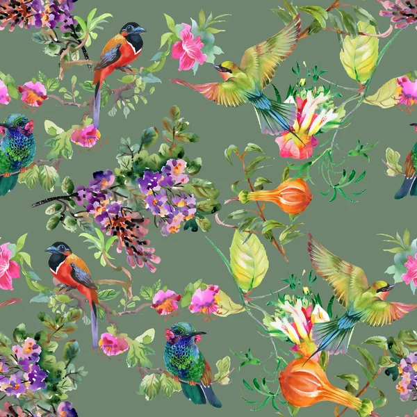 Pattern with beautiful flowers and birds — Stock Photo, Image