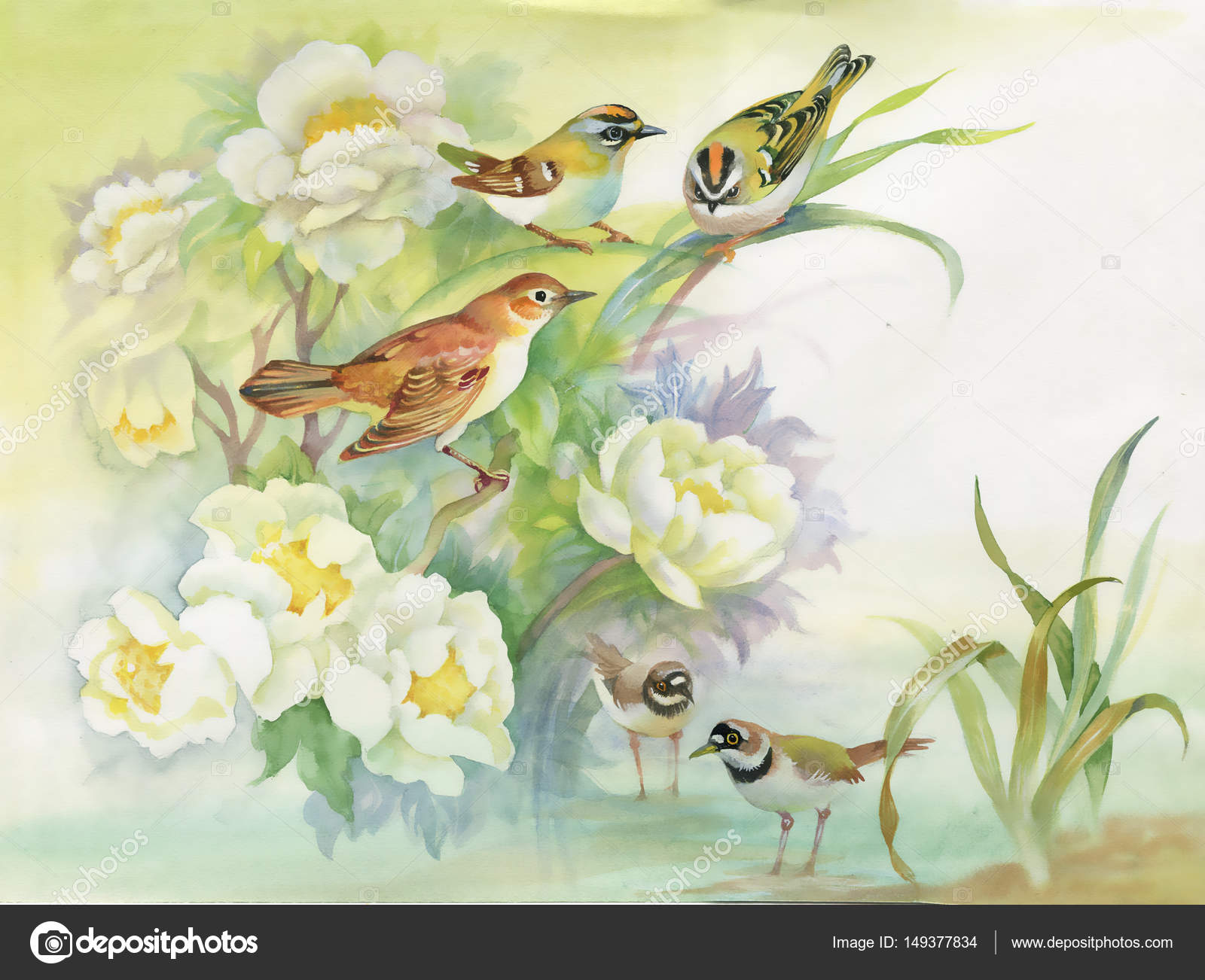 Acuarela flores y pájaros Ilustración de stock #149377834 de ©Kostan-PROFF, image size:1600x1302