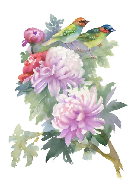 Akwarela kwiaty i ptaki — Zdjęcie stockowe