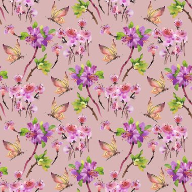 Çiçekler ve kelebeklerle kusursuz desen