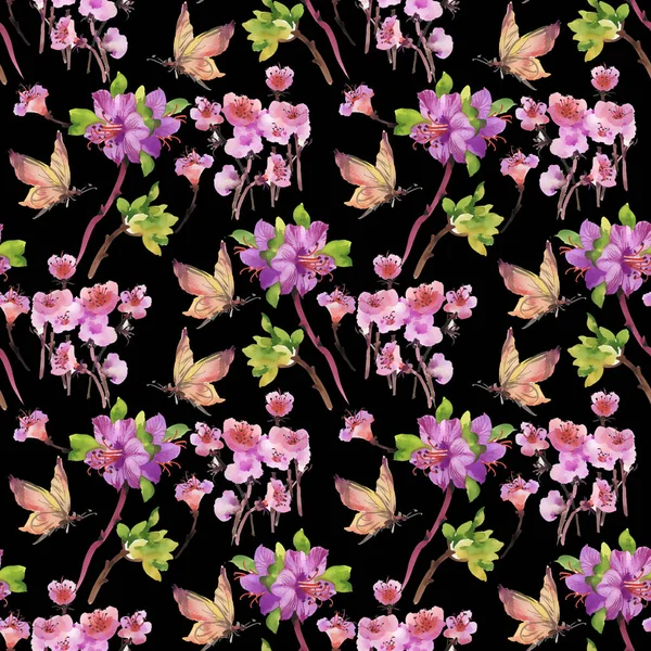 Naadloos patroon met bloemen en vlinders — Stockfoto
