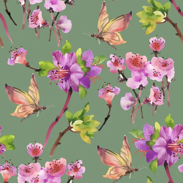 Bezešvé vzor s květinami a motýly — Stock fotografie