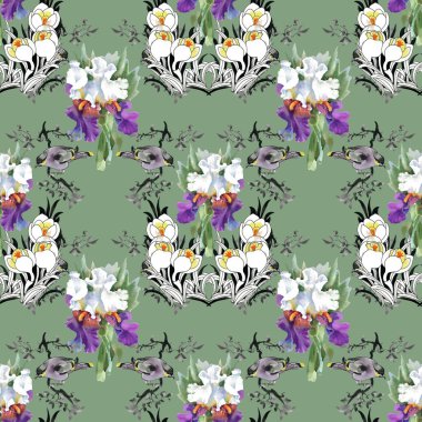 çiçekler ve kuşlar ile güzel desen