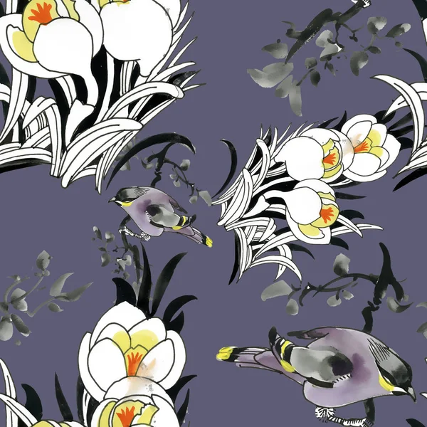 Piękny wzór z kwiatami i ptakami — Zdjęcie stockowe