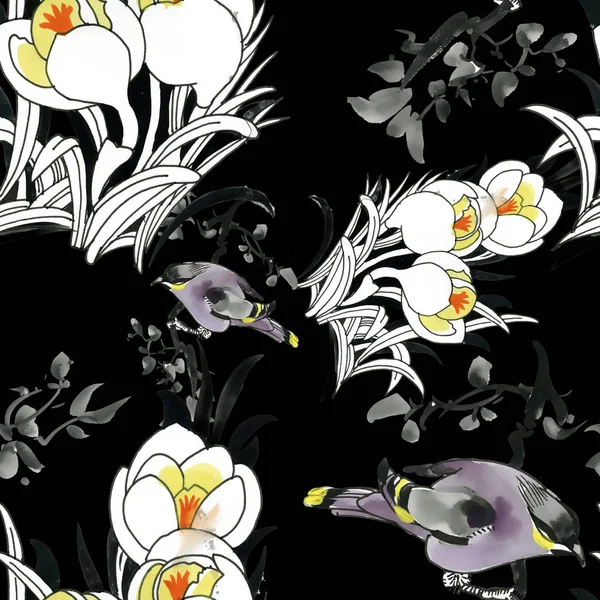 Bellissimo modello con fiori e uccelli — Foto Stock