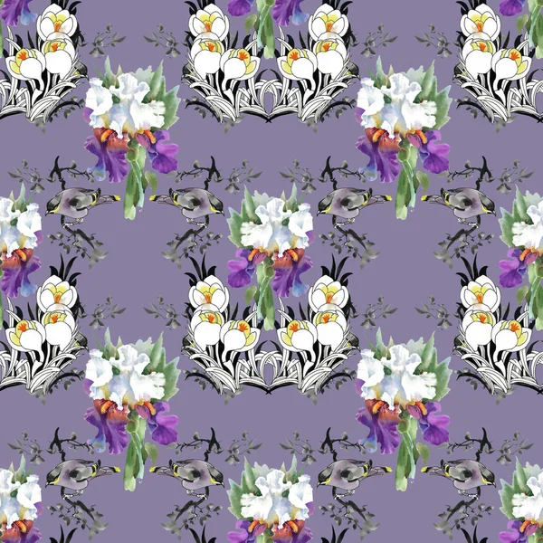 Beautiful pattern with flowers and birds — Stock Photo, Image