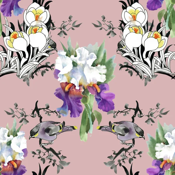 Hermoso patrón con flores y pájaros —  Fotos de Stock
