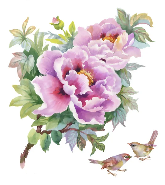 Çiçekler ve kuşlar ile güzel desen — Stok fotoğraf