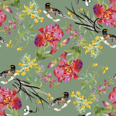 çiçekler ve kuşlar ile güzel desen