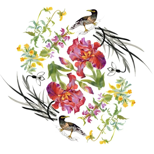 Schönes Muster mit Blumen und Vögeln — Stockfoto