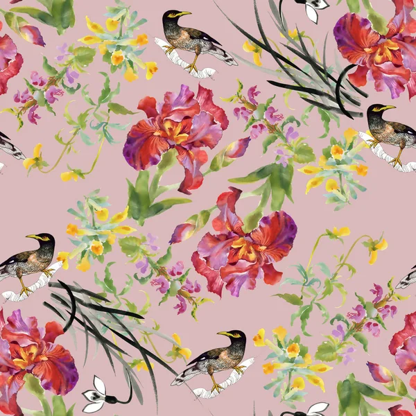 Hermoso patrón con flores y pájaros —  Fotos de Stock