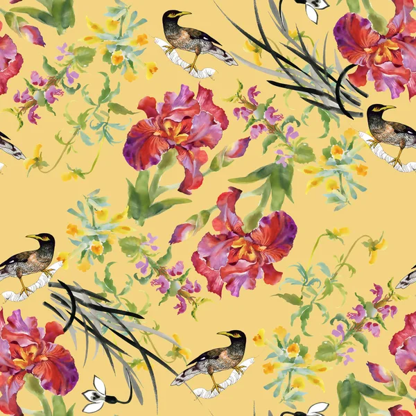 Hermoso patrón con flores y pájaros — Foto de Stock